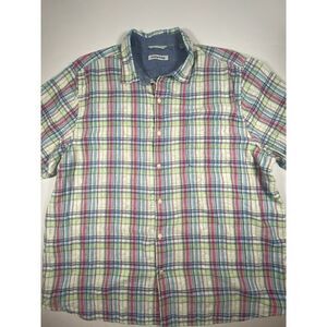 Tommy‎ Bahama Mens Shirt 2XL XXL Pink Blue Plaid Linen Short Sleeve Button Up